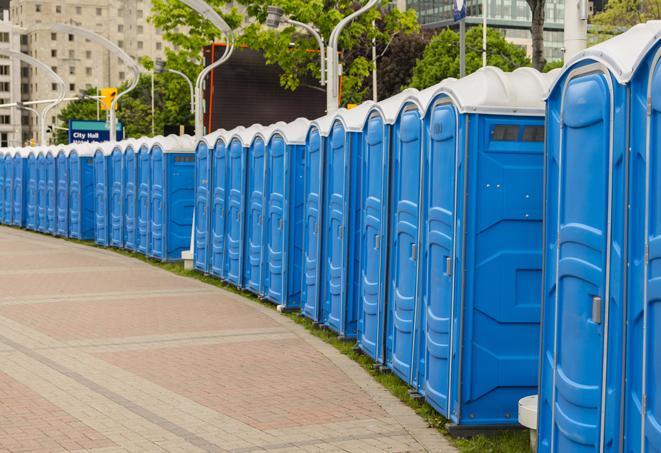 a line of portable restrooms at an outdoor wedding, catering to guests with style and comfort in Glenwood, MD